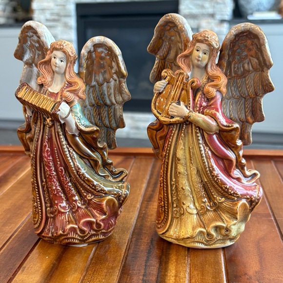 Vtg Greenbrier Intl Glazed Porcelain Angels Playing Harp & Accordion Figurine 6" - Picture 1 of 10